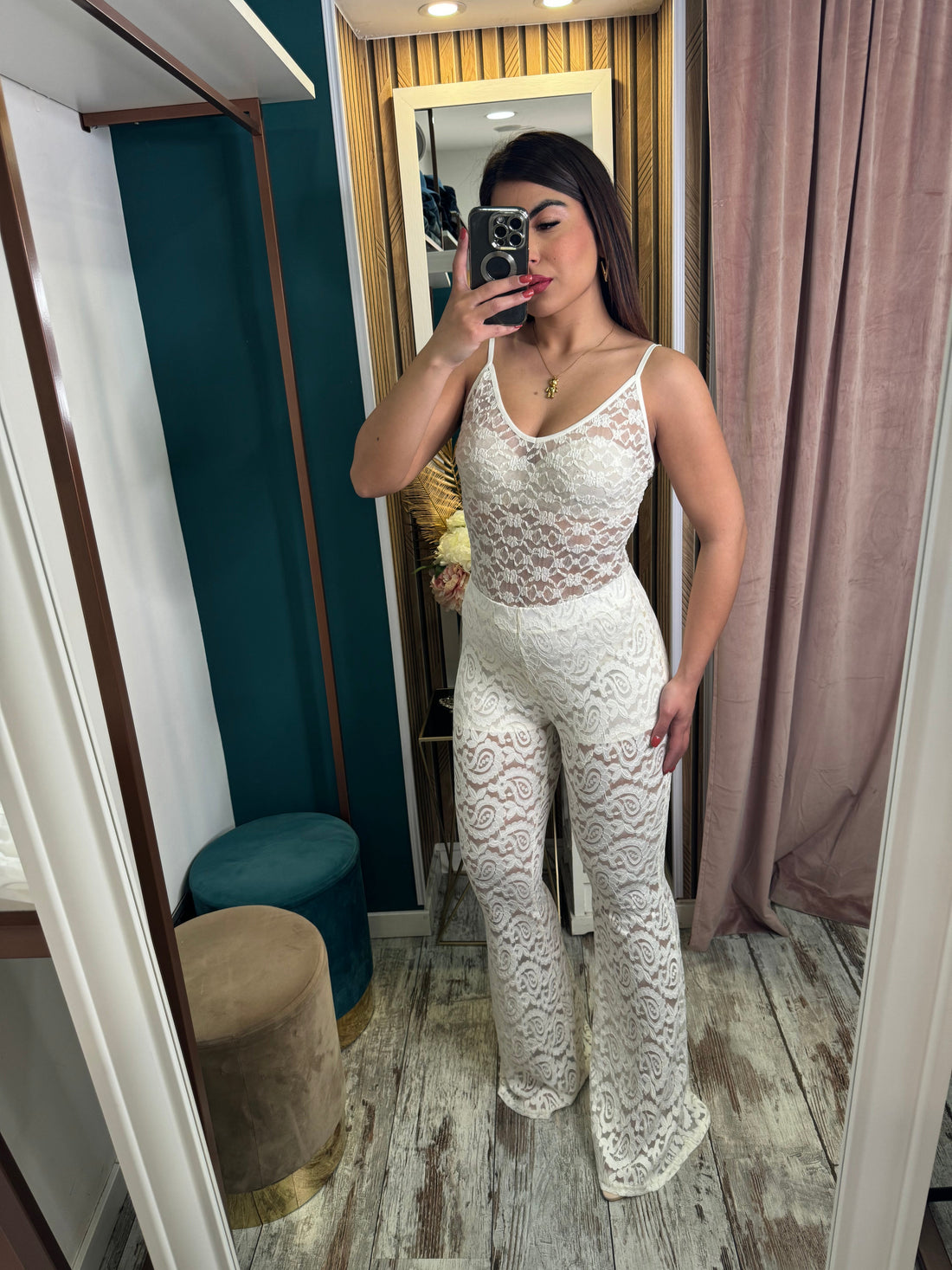Pantaloni macramè beige